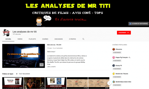 Page d'accueil chaine YouTube Les Analyses Mr Titi
